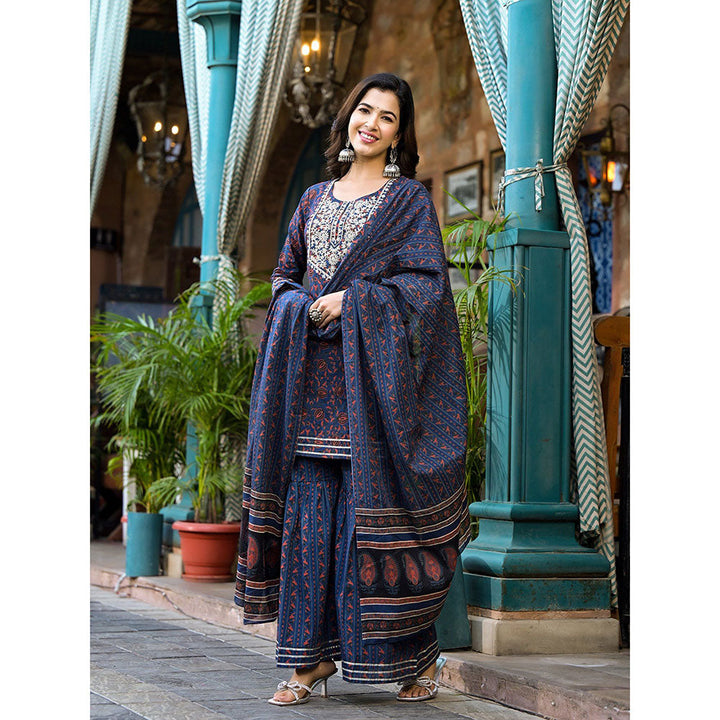 Yufta Women Indigo Blue Ethnic Motifs,Dori Embroidery Kurta Sharara with Dupatta (Set of 3)