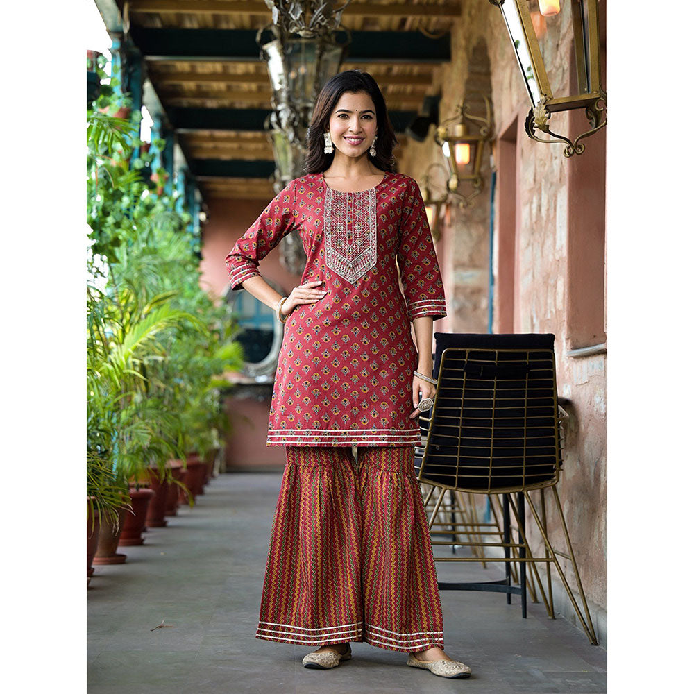 Yufta Women Rust Floral,Sequins Work Kurta Sharara with Dupatta (Set of 3)