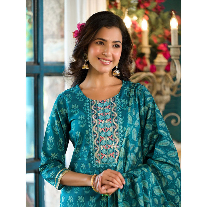 Yufta Women Teal Floral,Sequins Work Kurta Sharara with Dupatta (Set of 3)