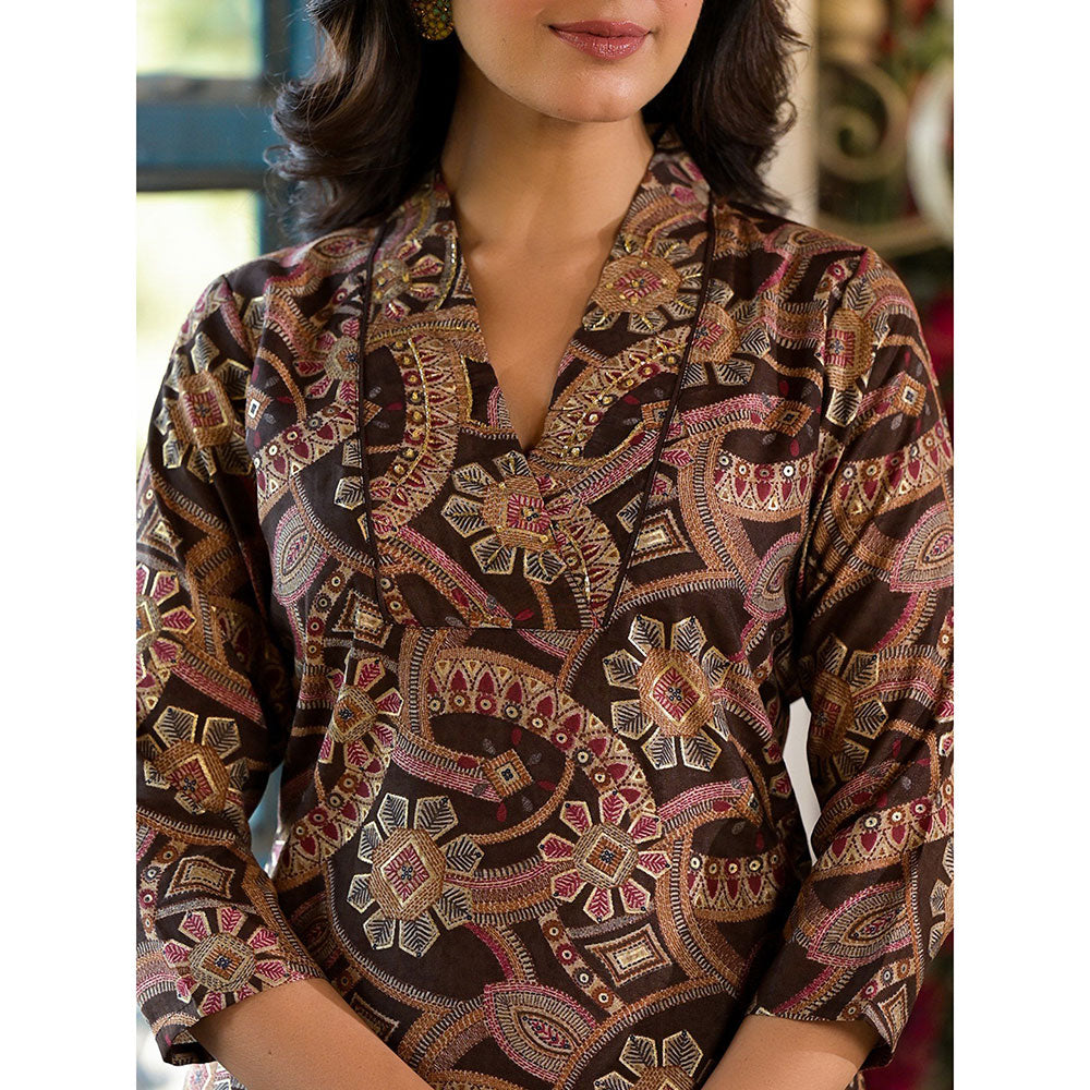 Yufta Women Brown Silk Blend Geometric Print Co-Ord (Set of 2)