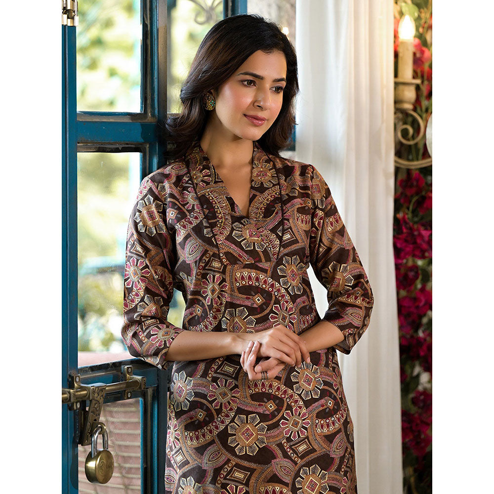 Yufta Women Brown Silk Blend Geometric Print Co-Ord (Set of 2)