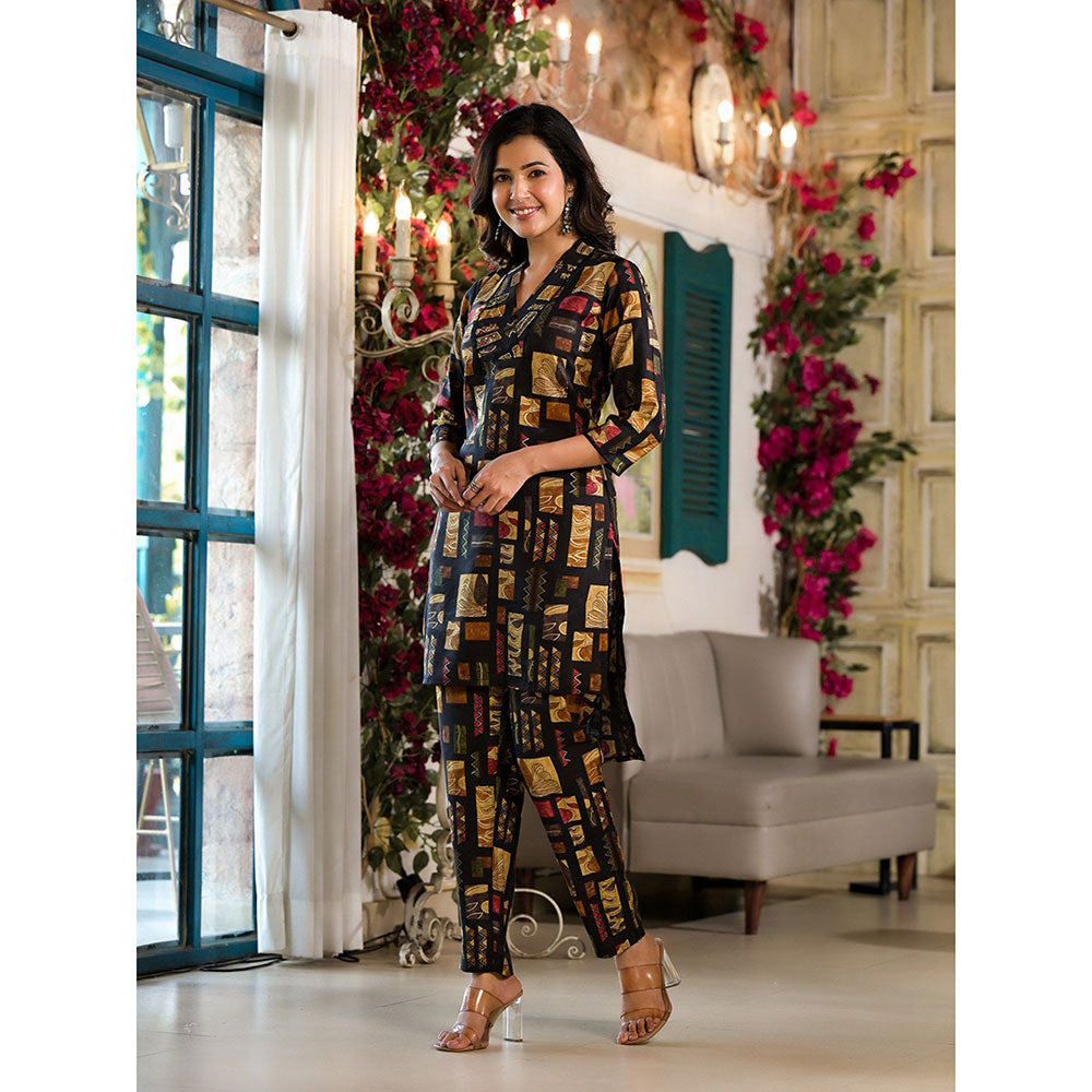 Yufta Women Black Silk Blend Abstract Print Co-Ord (Set of 2)