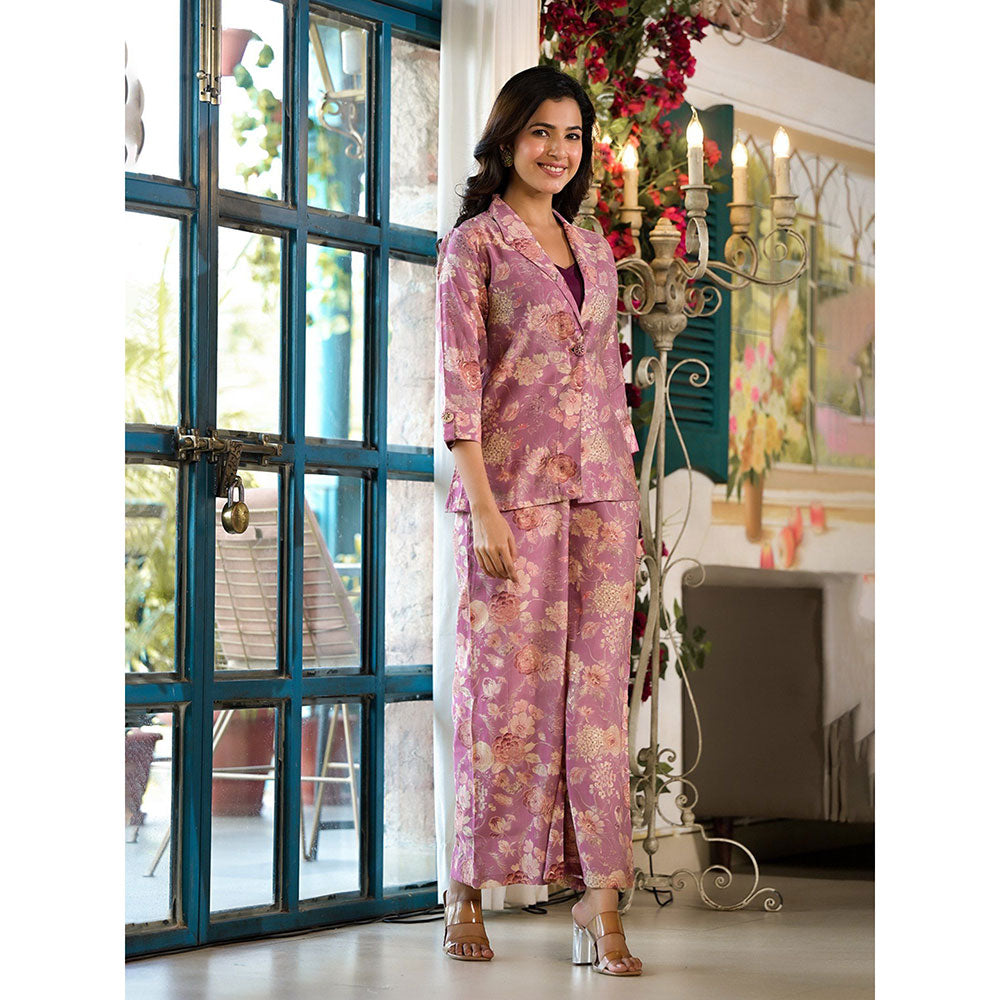 Yufta Women Pink Chanderi Silk Floral Print Crop Top & Palazzo with Jacket Co-Ord (Set of 3)