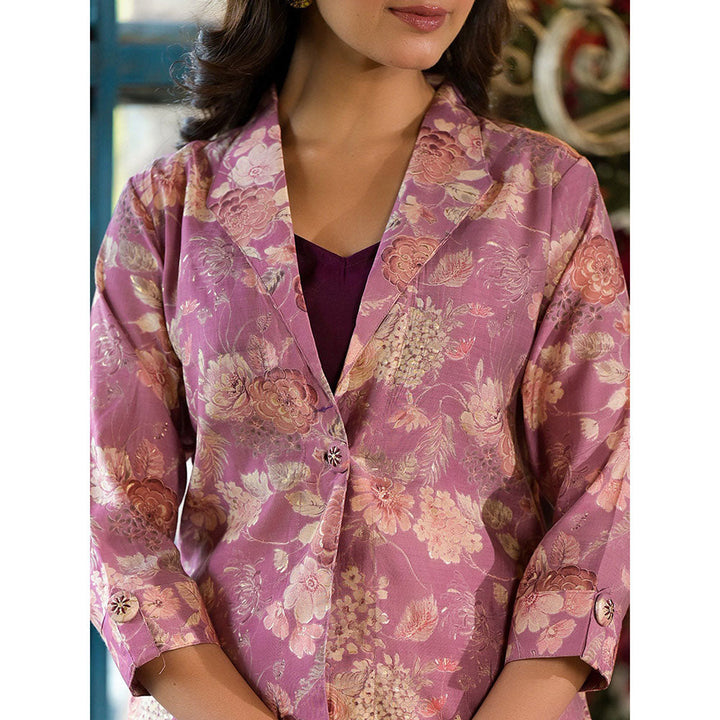 Yufta Women Pink Chanderi Silk Floral Print Crop Top & Palazzo with Jacket Co-Ord (Set of 3)