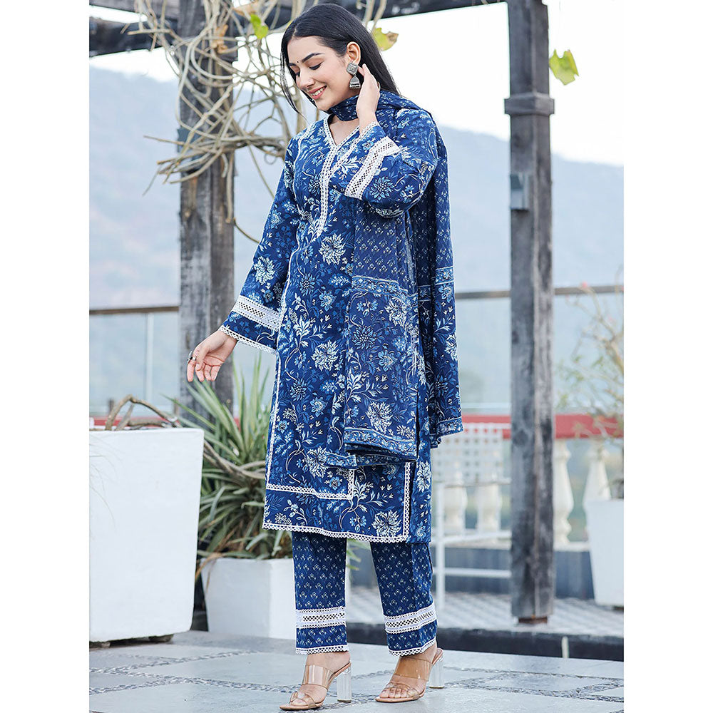 Yufta Blue pure Cotton Thread Work detailing kurta with Trouser and dupatta (Set of 3)