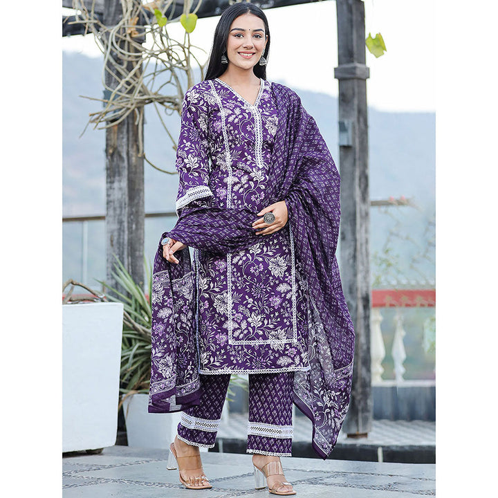 Yufta Purple pure Cotton Thread Work detailing kurta and trouser with dupatta (Set of 3)