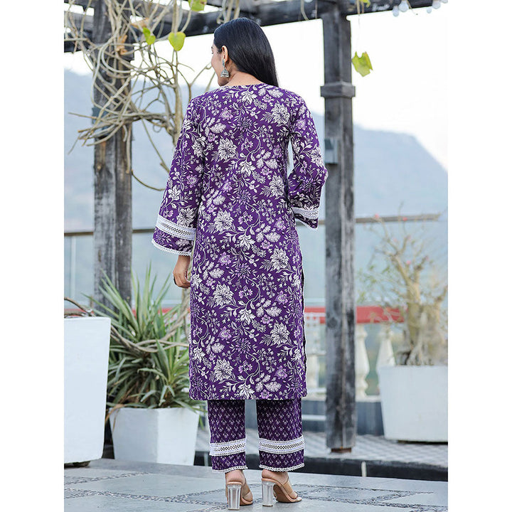 Yufta Purple pure Cotton Thread Work detailing kurta and trouser with dupatta (Set of 3)