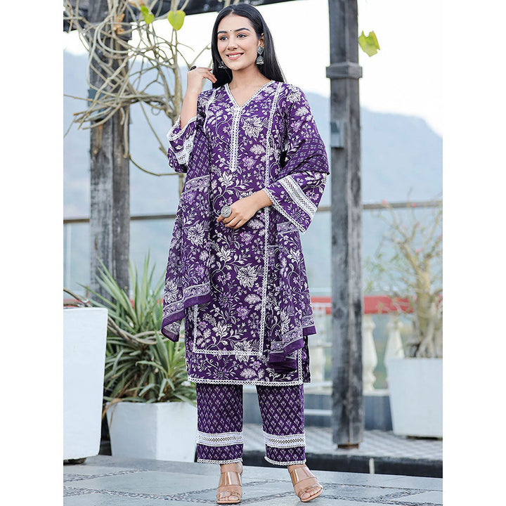 Yufta Purple pure Cotton Thread Work detailing kurta and trouser with dupatta (Set of 3)