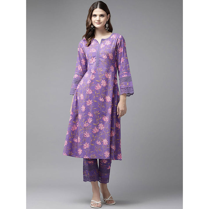 Yufta Purple Pure Cotton Floral Embroidery Kurta with Pant (Set of 2)