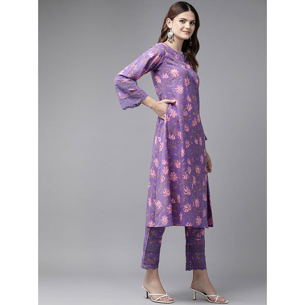 Yufta Purple Pure Cotton Floral Embroidery Kurta with Pant (Set of 2)