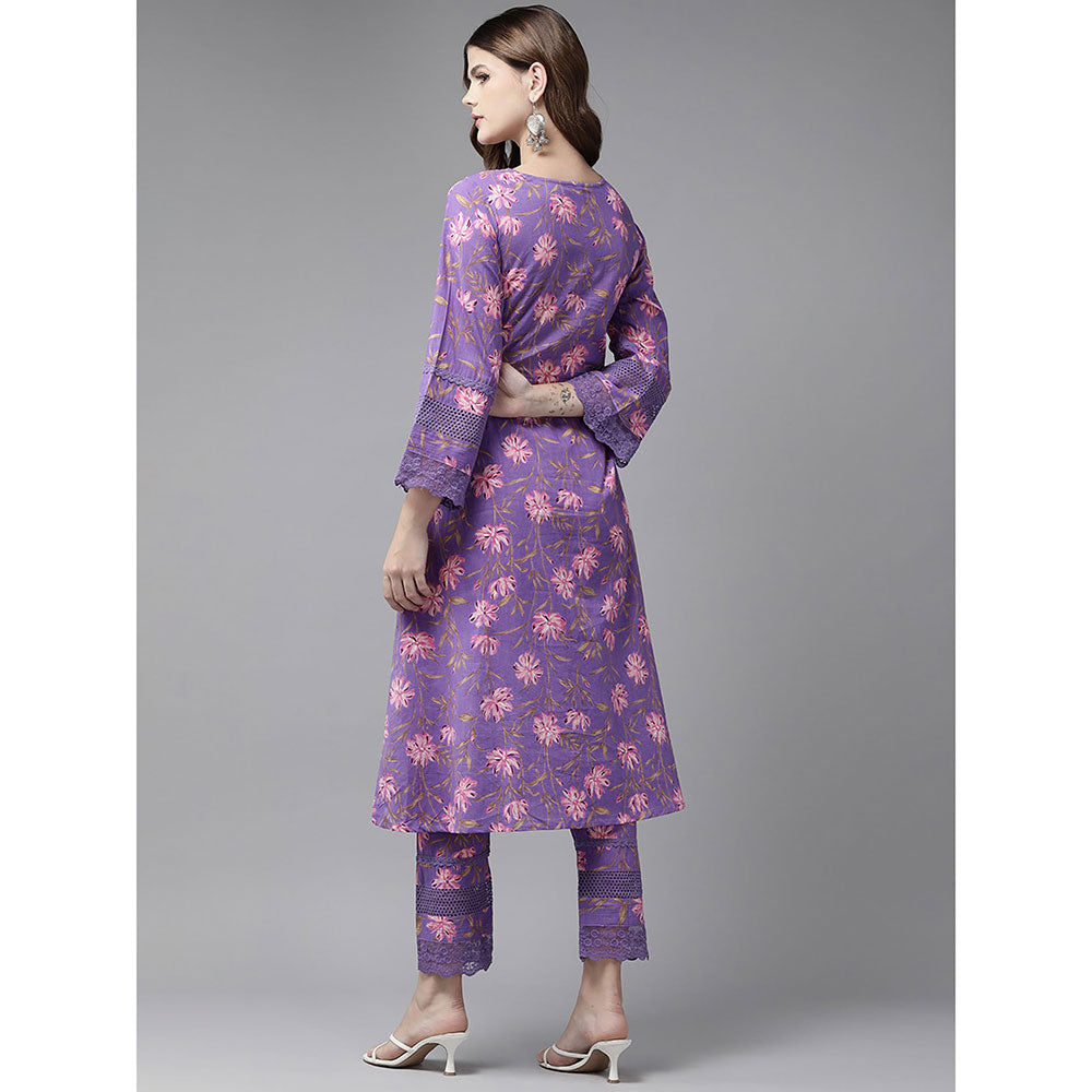 Yufta Purple Pure Cotton Floral Embroidery Kurta with Pant (Set of 2)