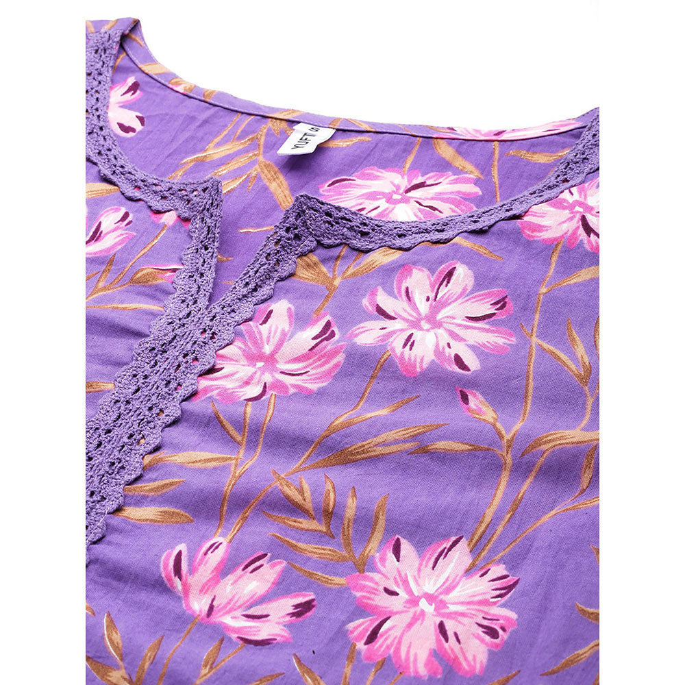 Yufta Purple Pure Cotton Floral Embroidery Kurta with Pant (Set of 2)