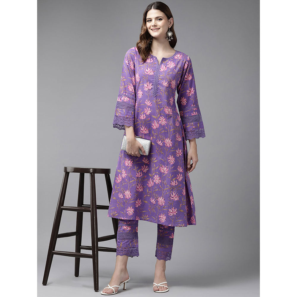 Yufta Purple Pure Cotton Floral Embroidery Kurta with Pant (Set of 2)