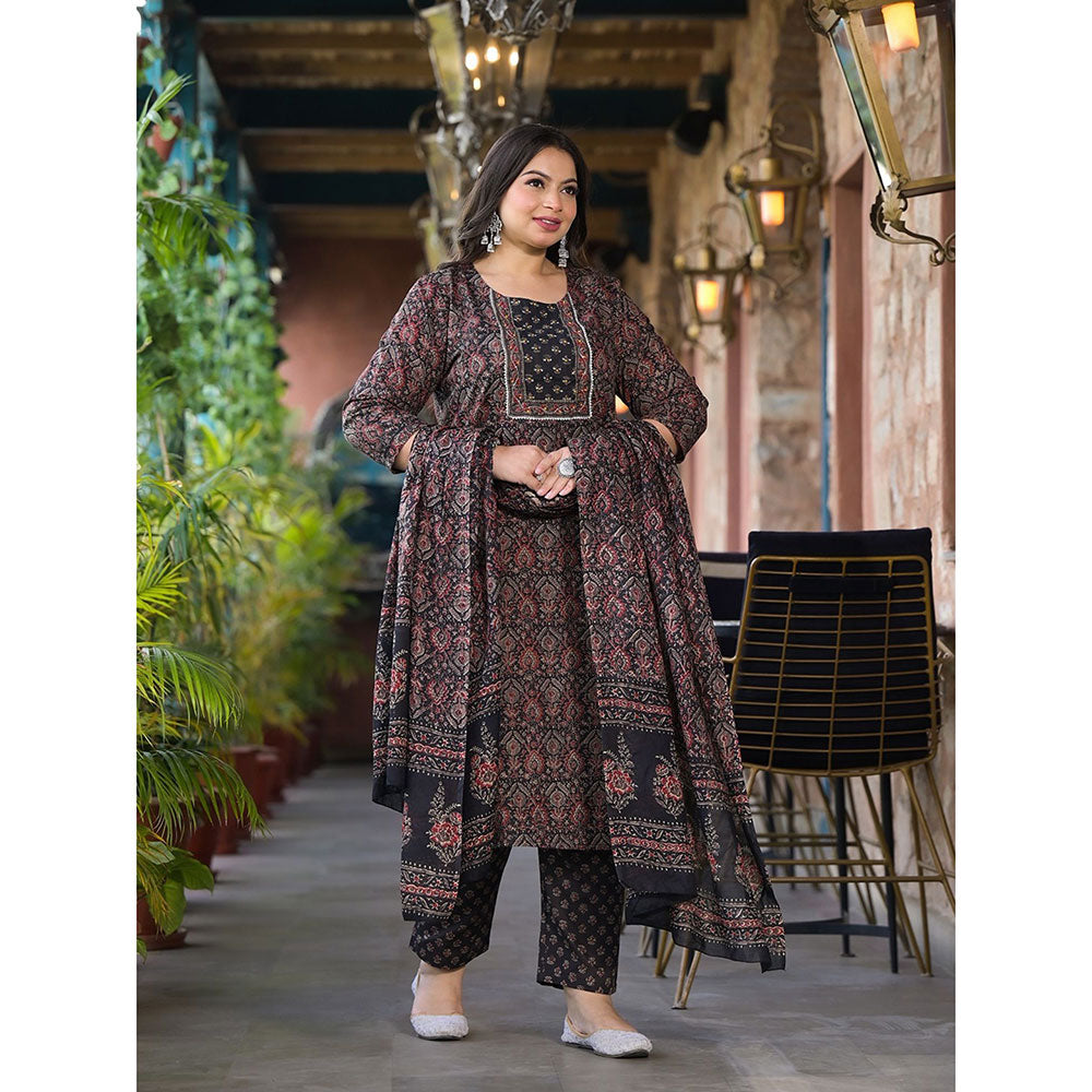 Women Black & Red Floral Print Straight Plus size Kurta Trouser And Dupatta Set