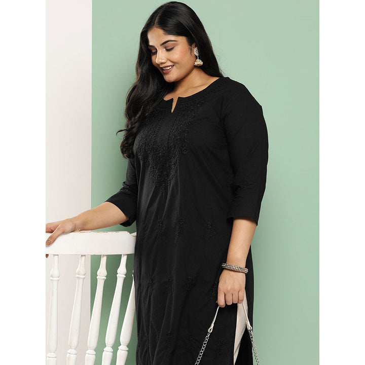 Women Black Floral Straight Kurta