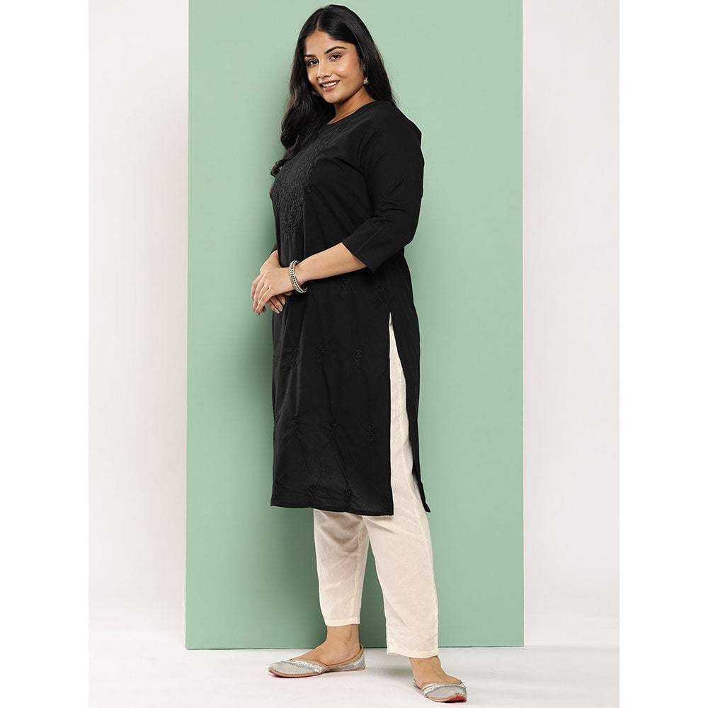 Women Black Floral Straight Kurta