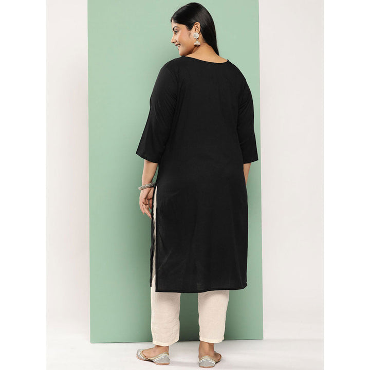 Women Black Floral Straight Kurta