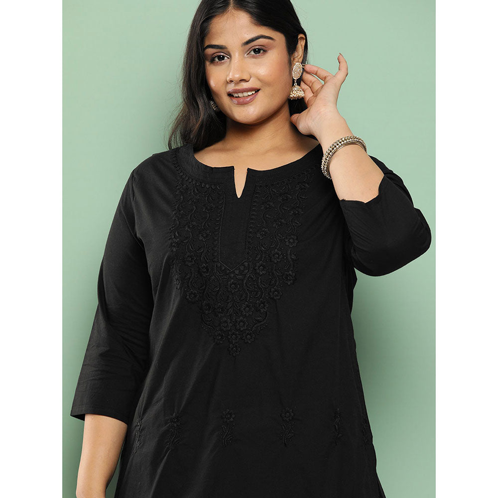 Women Black Floral Straight Kurta