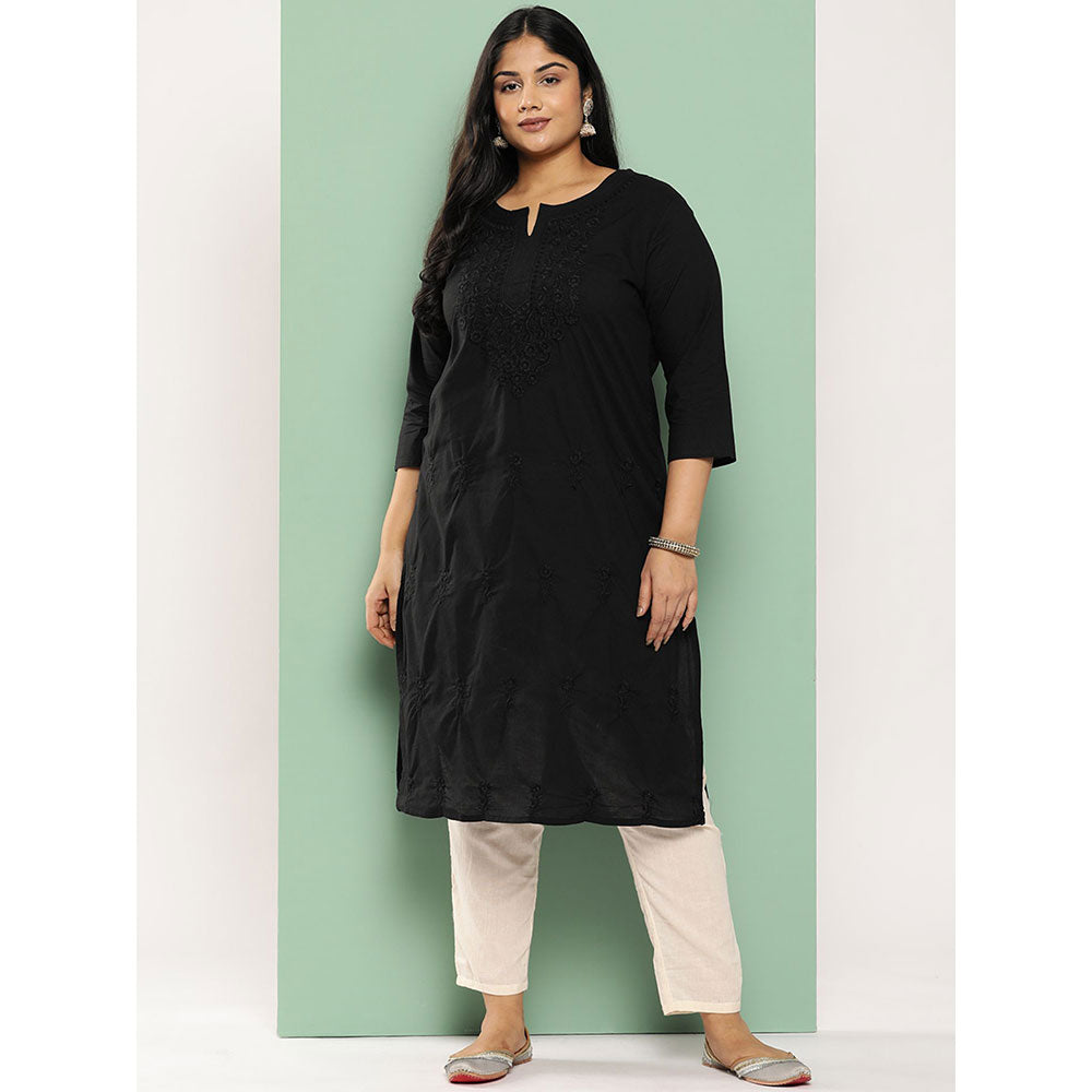 Women Black Floral Straight Kurta