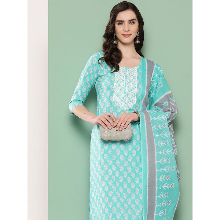 Women Turquoise Floral Straight Kurta Trouser And Dupatta Set