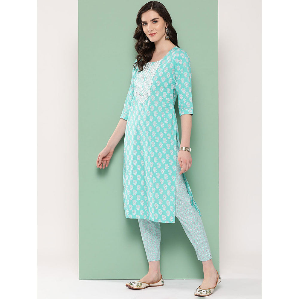 Women Turquoise Floral Straight Kurta Trouser And Dupatta Set