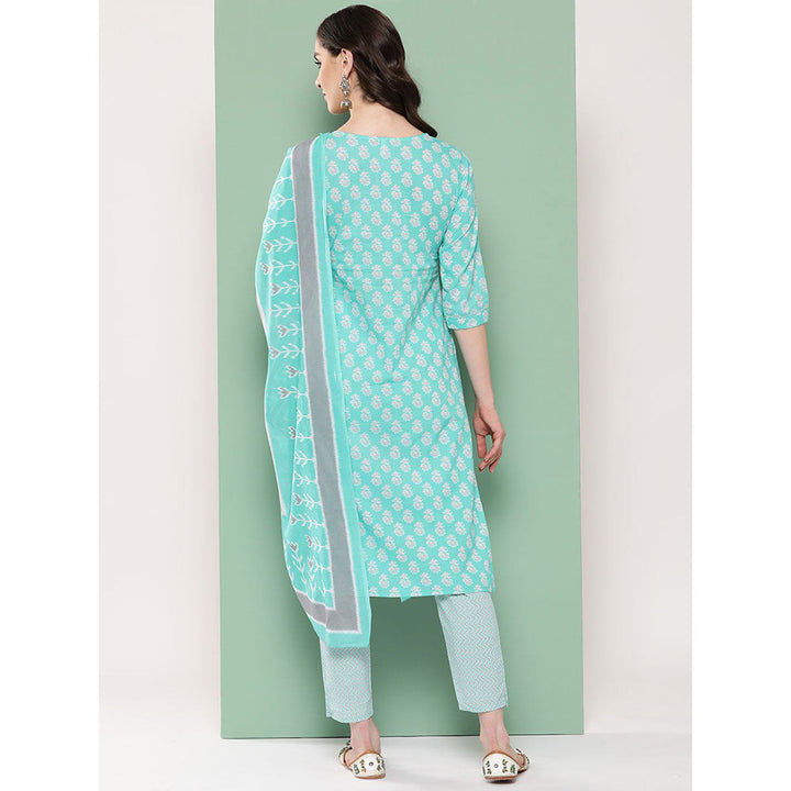 Women Turquoise Floral Straight Kurta Trouser And Dupatta Set