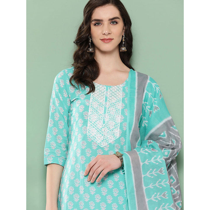 Women Turquoise Floral Straight Kurta Trouser And Dupatta Set