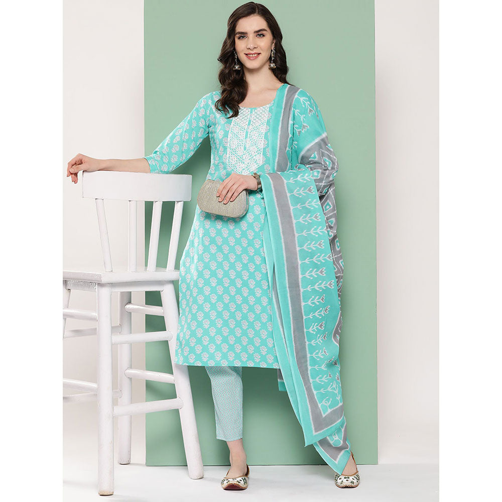 Women Turquoise Floral Straight Kurta Trouser And Dupatta Set