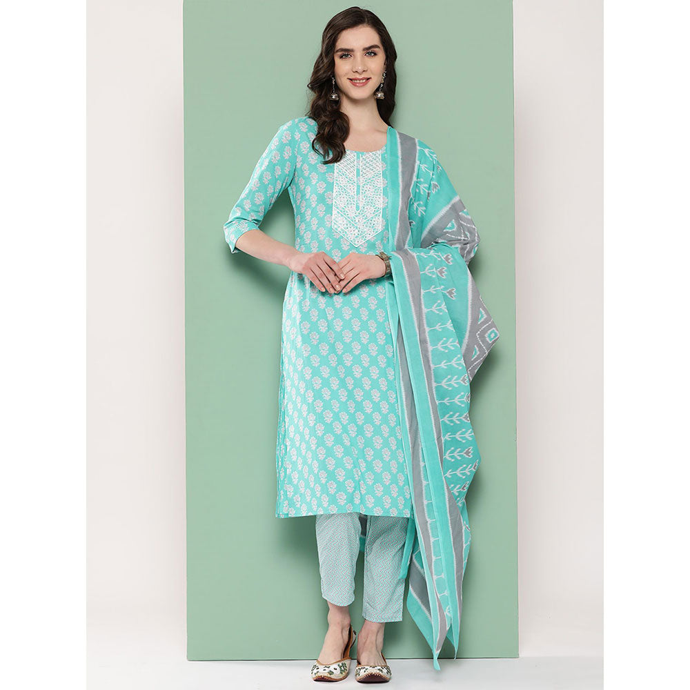 Women Turquoise Floral Straight Kurta Trouser And Dupatta Set