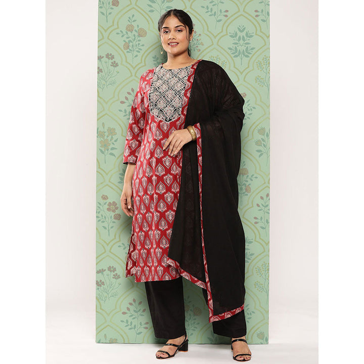 Red Zari Work Plus Size Kurta Trouser And Dupatta Set