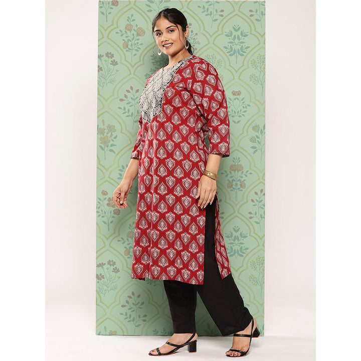 Red Zari Work Plus Size Kurta Trouser And Dupatta Set