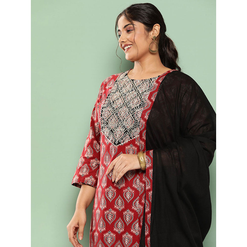 Red Zari Work Plus Size Kurta Trouser And Dupatta Set