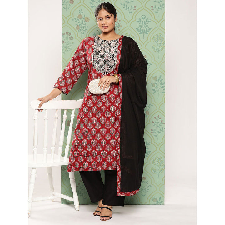 Red Zari Work Plus Size Kurta Trouser And Dupatta Set