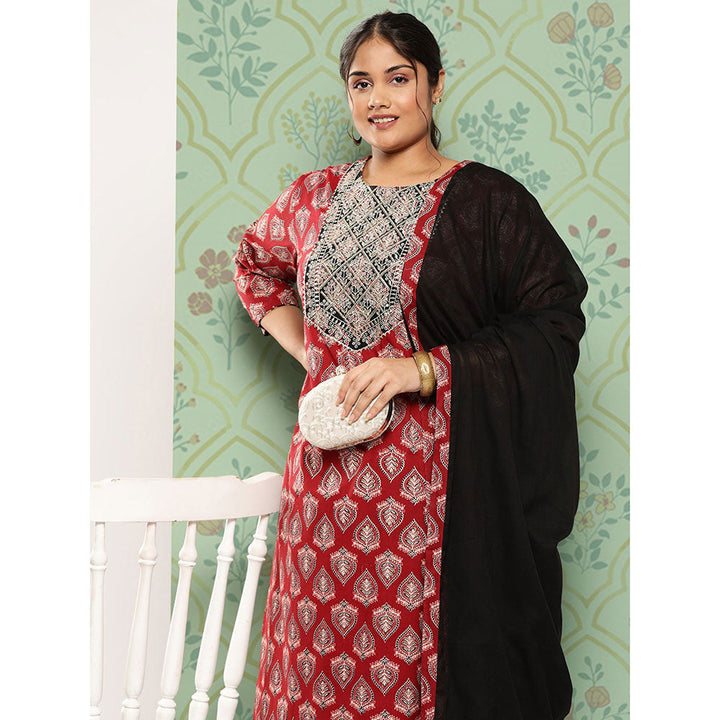 Red Zari Work Plus Size Kurta Trouser And Dupatta Set