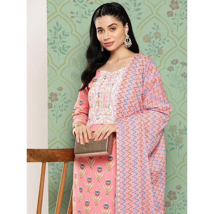 Peach cotton printed kurta dupatta set