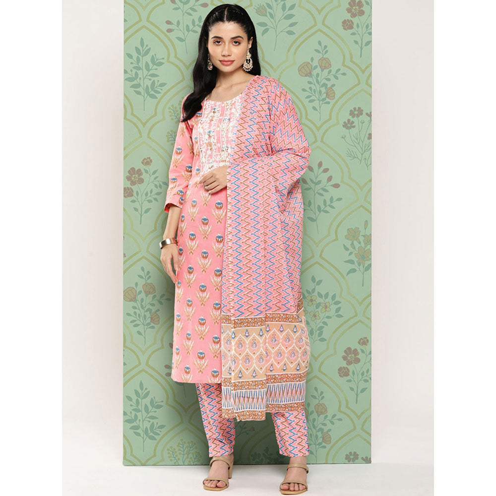 Peach cotton printed kurta dupatta set