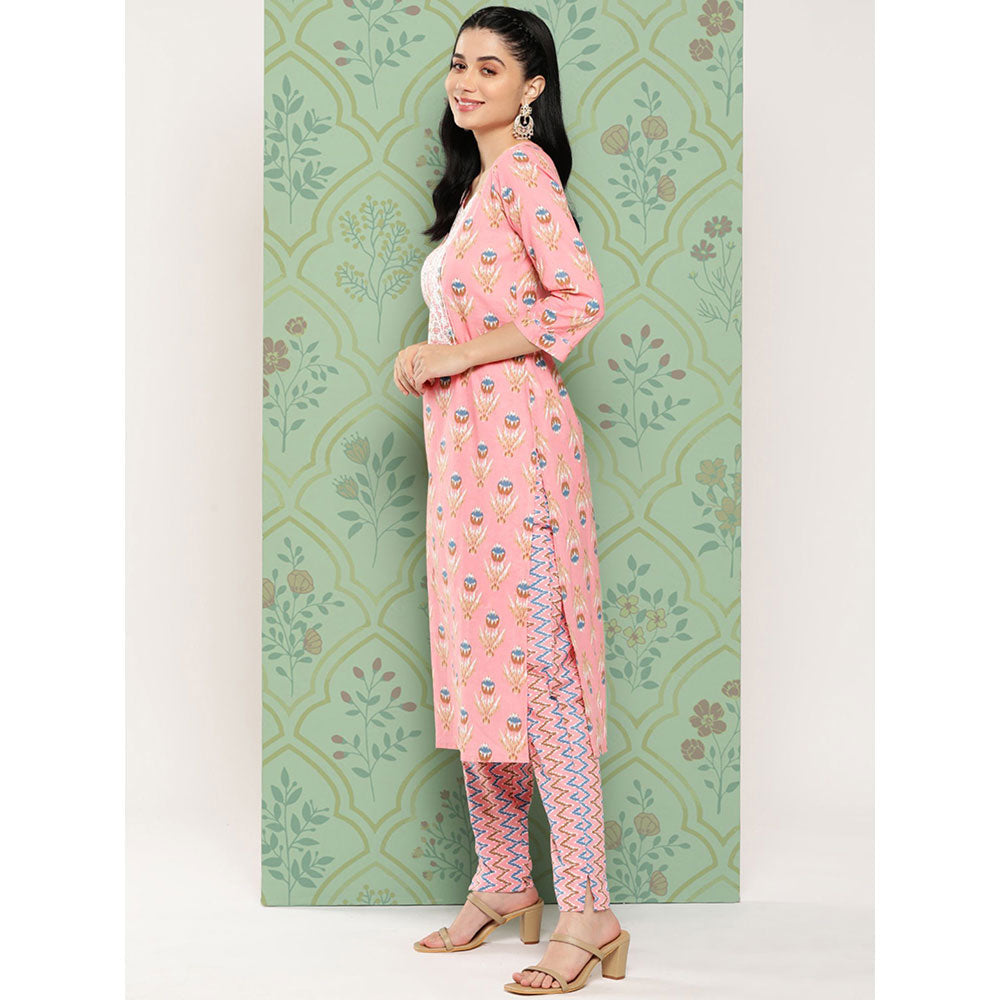 Peach cotton printed kurta dupatta set