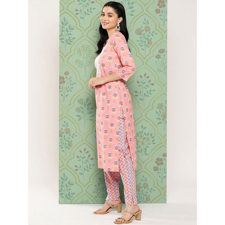 Peach cotton printed kurta dupatta set