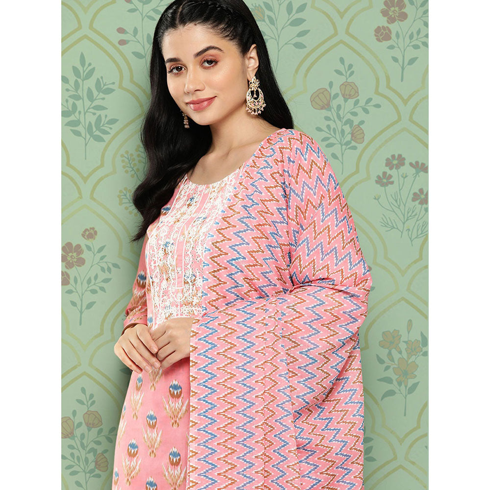 Peach cotton printed kurta dupatta set