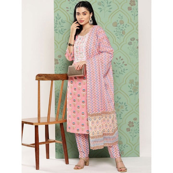 Peach cotton printed kurta dupatta set