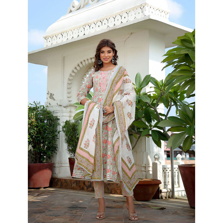 Women Grey Thread_Work Anarkali Kurta with Trouser & Dupatta