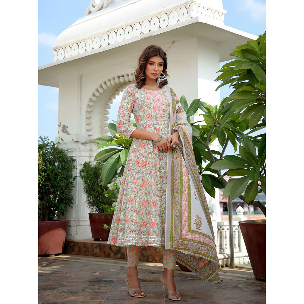 Women Grey Thread_Work Anarkali Kurta with Trouser & Dupatta