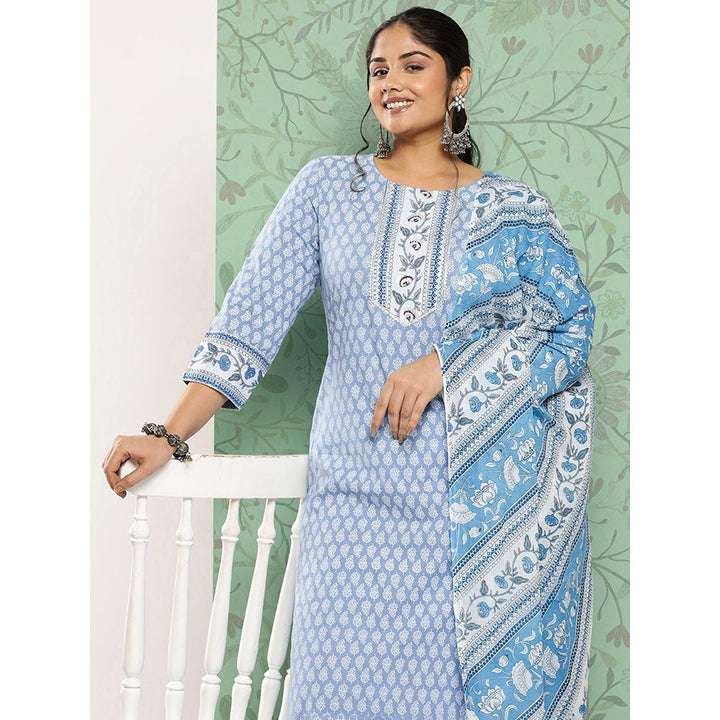 Women Blue Paisley Straight Kurta Trouser And Dupatta Set