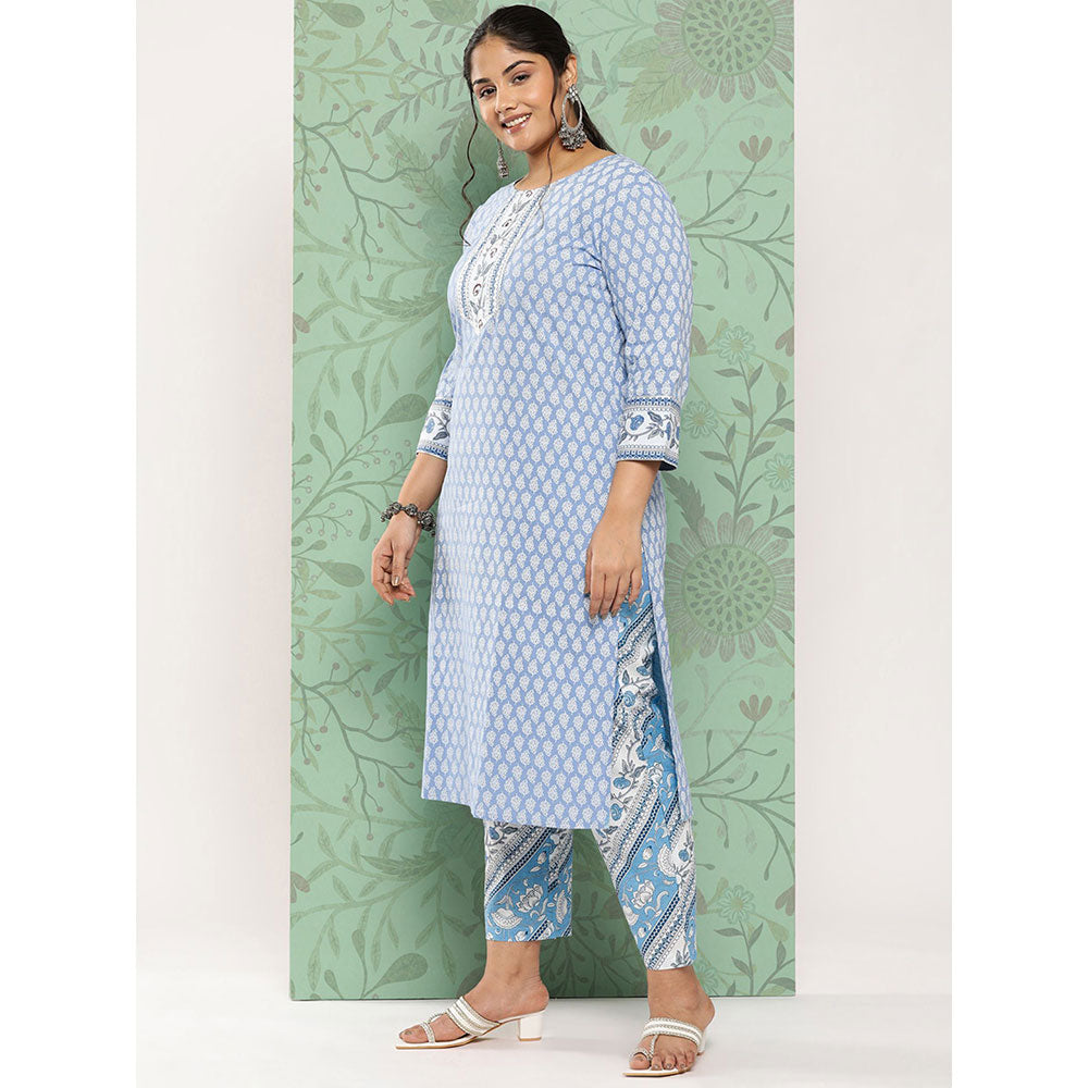 Women Blue Paisley Straight Kurta Trouser And Dupatta Set