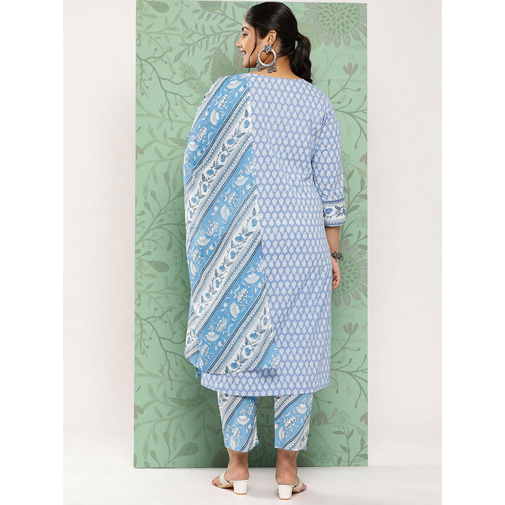 Women Blue Paisley Straight Kurta Trouser And Dupatta Set