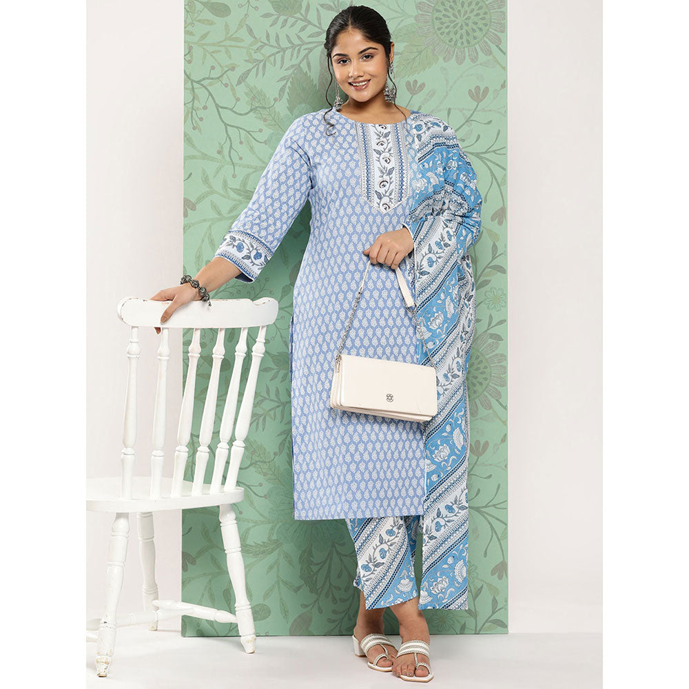 Women Blue Paisley Straight Kurta Trouser And Dupatta Set