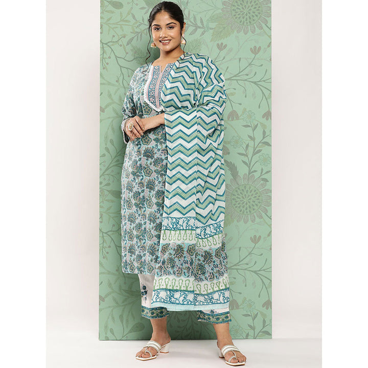 Green Hand Block Printed Kurta with Trouser and Dupatta