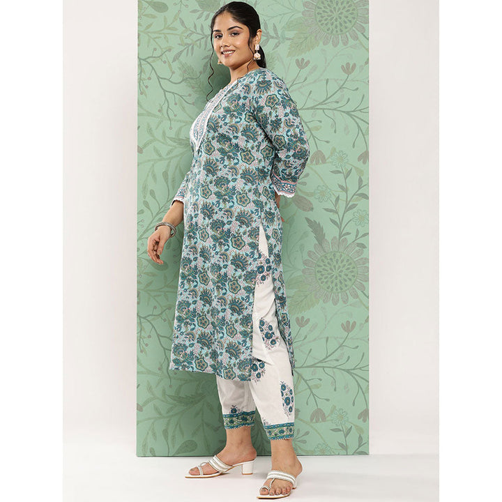 Green Hand Block Printed Kurta with Trouser and Dupatta