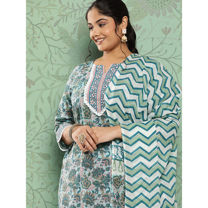 Green Hand Block Printed Kurta with Trouser and Dupatta