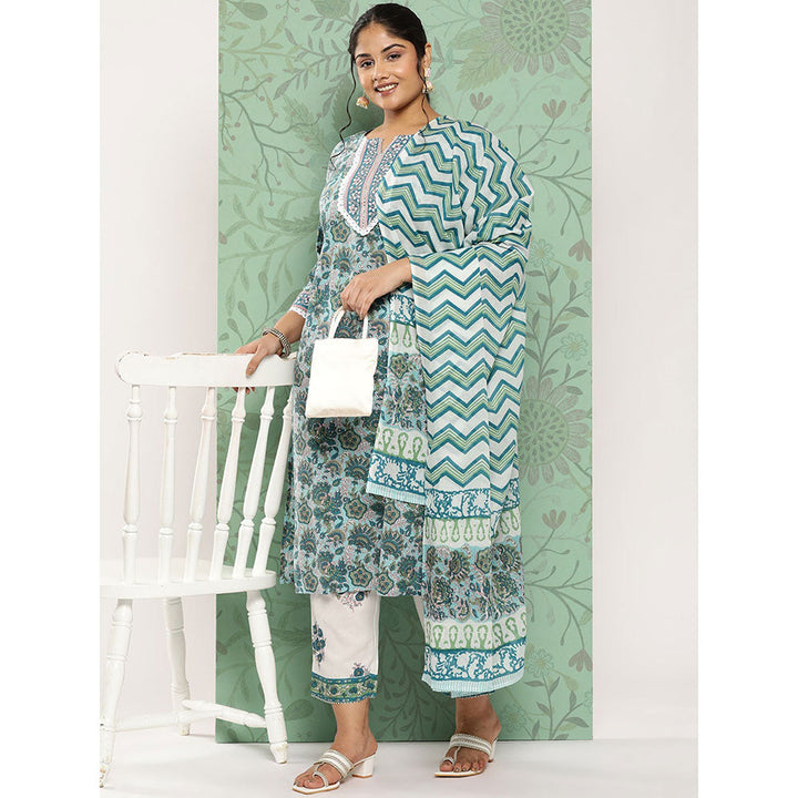 Green Hand Block Printed Kurta with Trouser and Dupatta